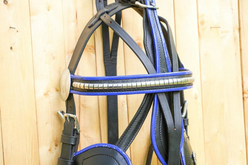 Black Horse Patent Leather Driving Harness Set Trim With Blue Pony and Full