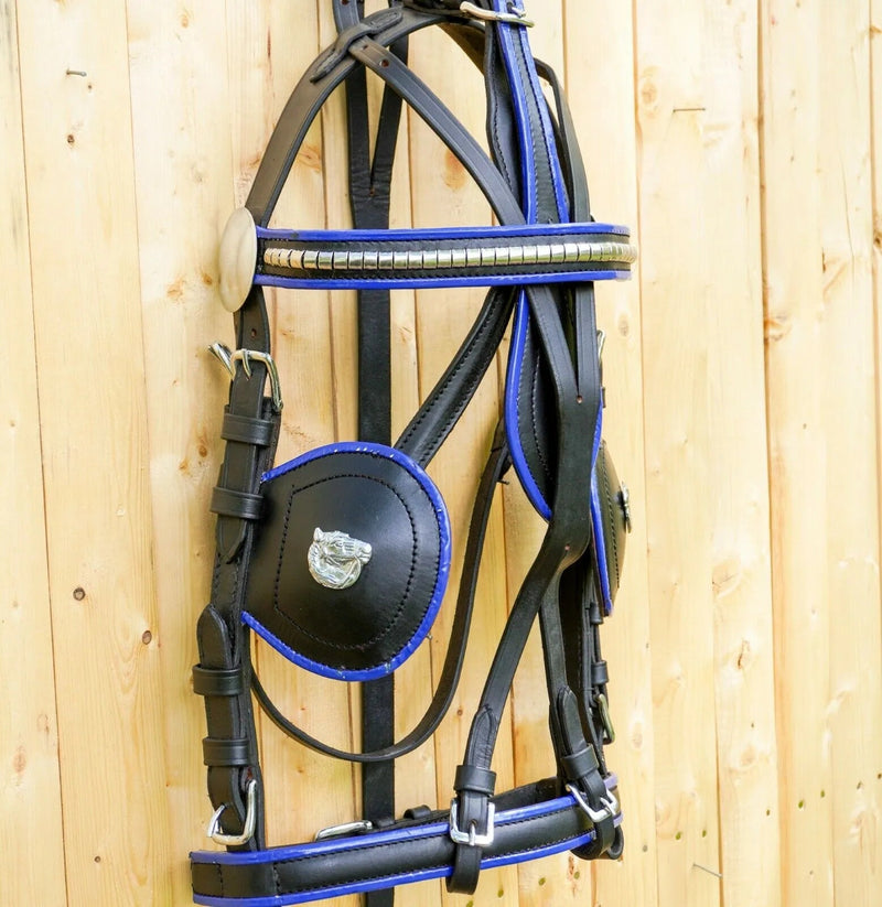 Black Horse Patent Leather Driving Harness Set Trim With Blue Pony and Full