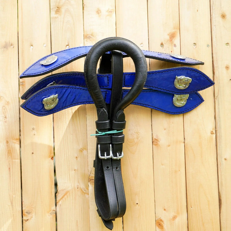 Black Horse Patent Leather Driving Harness Set Trim With Blue Pony and Full