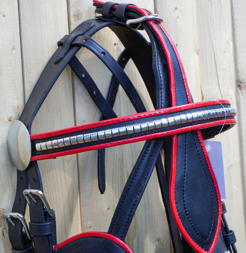 Full Size Leather Horse Driving Harness With Red Trim - Premium Quality