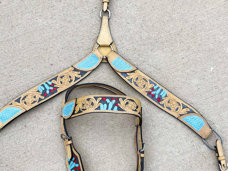 Premium Quality Western Headstall and Breast Collar Set - Leather - Floral Tooled - Horse Tack