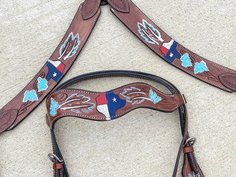 Premium Quality Western Headstall and Breast Collar Set - Leather - Tooled - Horse Tack - Dark Brown Color