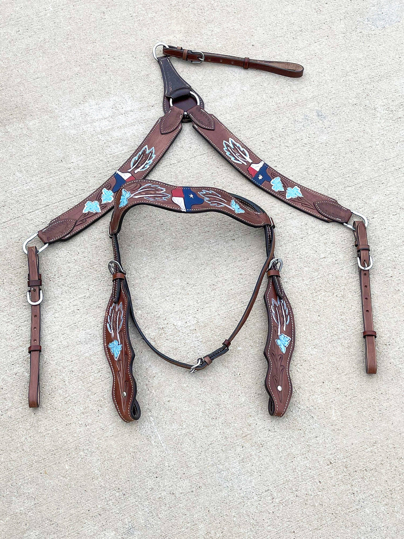 Premium Quality Western Headstall and Breast Collar Set - Leather - Tooled - Horse Tack - Dark Brown Color