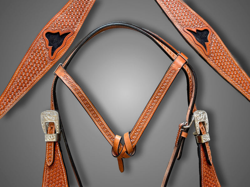 Premium Quality Western Leather Headstall Breast Collar Set Brown Basketweave & Horn