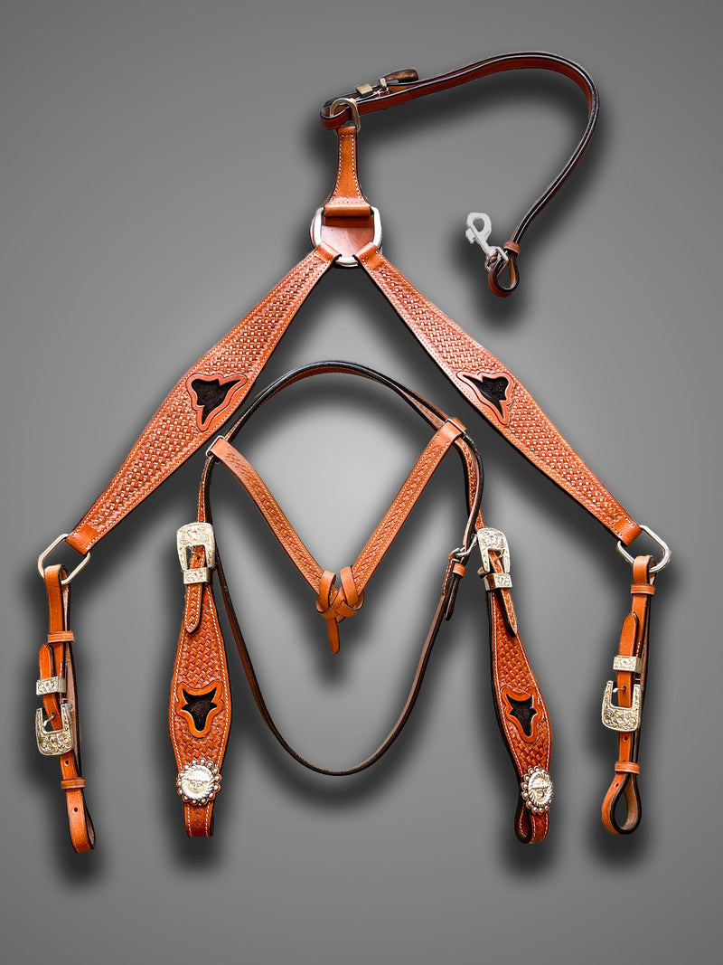 Premium Quality Western Leather Headstall Breast Collar Set Brown Basketweave & Horn