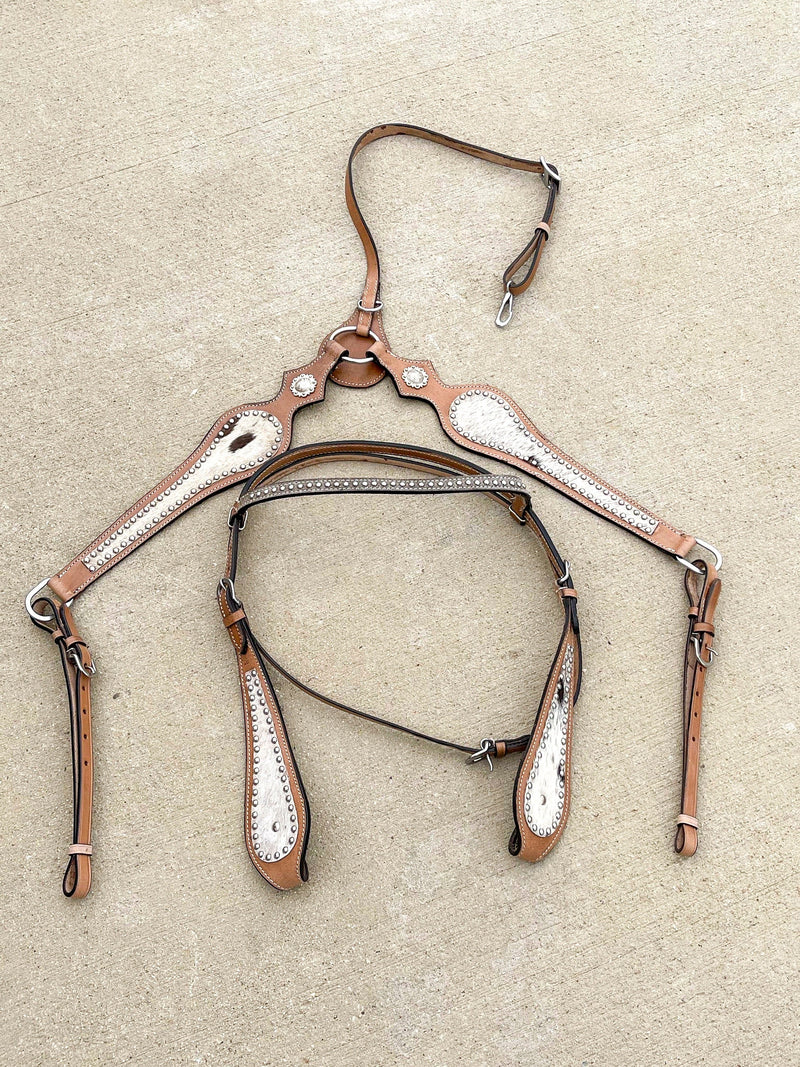 Premium Quality Western Headstall and Breast Collar Set - Leather - Horse Tack - Silver Conchos And Beads