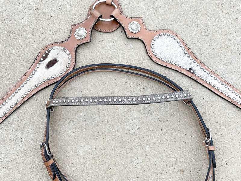 Premium Quality Western Headstall and Breast Collar Set - Leather - Horse Tack - Silver Conchos And Beads