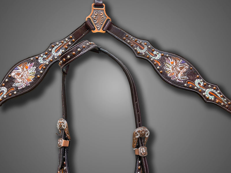 Premium Quality Western Leather Headstall and Breast Collar Set Conchos And Bead