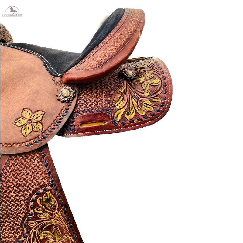 Resistance Youth / Pony Single Skirt Western Barrel Saddle With Floral And Basket Weave Tooling NewEngland Tack