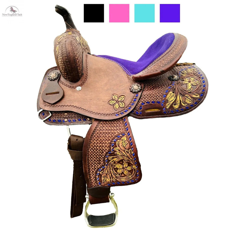 Resistance Youth / Pony Single Skirt Western Barrel Saddle With Floral And Basket Weave Tooling NewEngland Tack