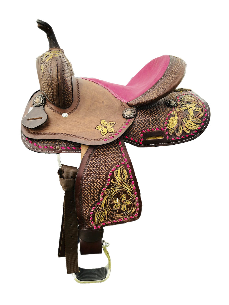 Youth / Pony Single Skirt Western Barrel Saddle With Floral And Basket Weave Tooling NewEngland Tack