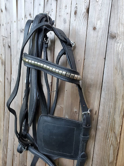 Black Full Size Horse Buffalo Leather Square Stud Browband Driving Harness Set