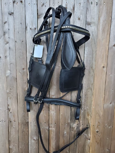 Black Full Size Horse Buffalo Leather Square Stud Browband Driving Harness Set