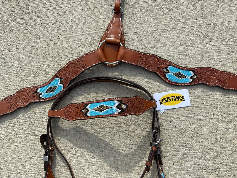 Premium Quality Western Headstall and Breast Collar Set, Leather Horse Tack Set With Silver Conchos And Beads