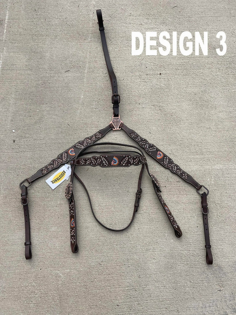 Premium Quality Western Headstall and Breast Collar Set, Leather Horse Tack Set With Silver Conchos And Beads