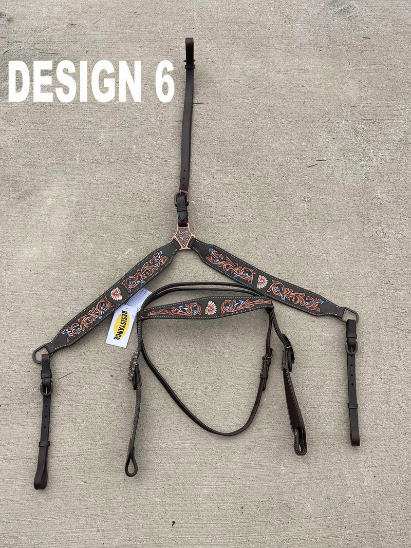 Premium Quality Western Headstall and Breast Collar Set, Leather Horse Tack Set With Silver Conchos And Beads