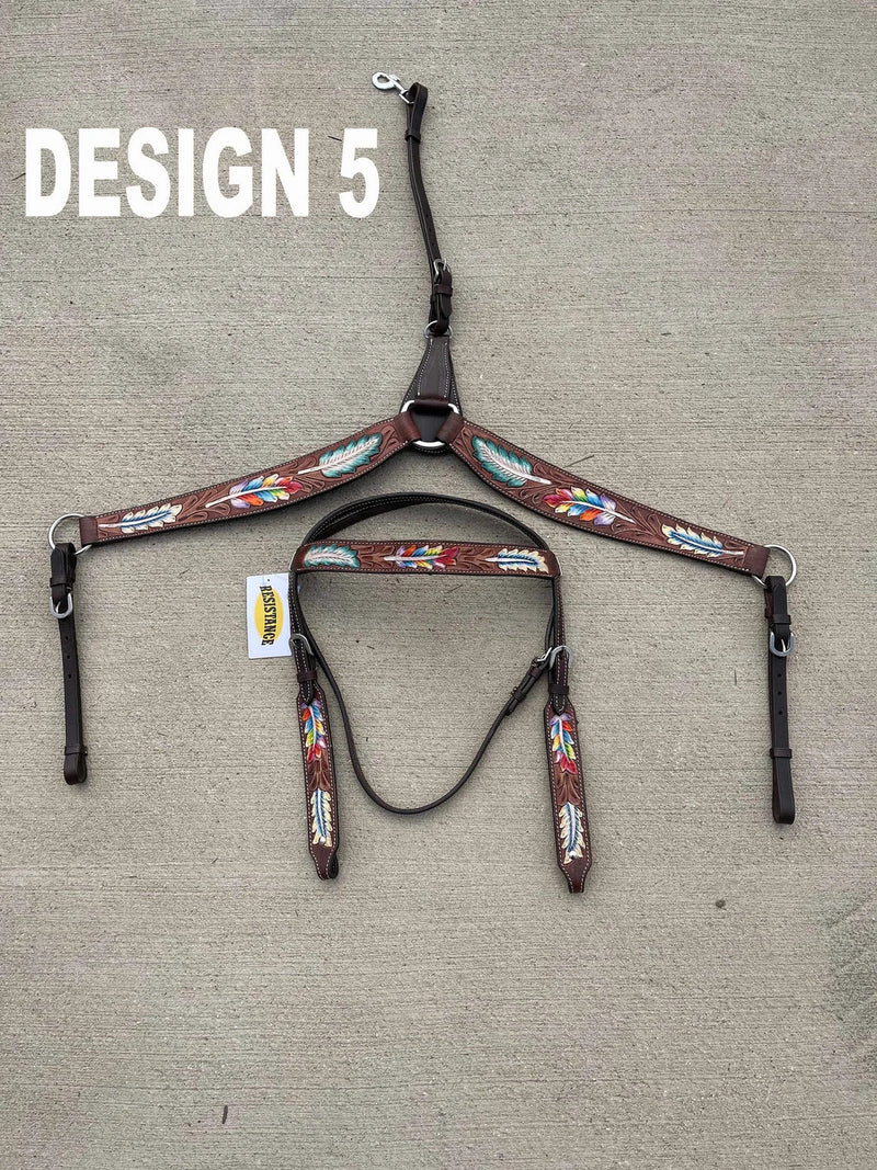 Premium Quality Western Headstall and Breast Collar Set, Leather Horse Tack Set With Silver Conchos And Beads