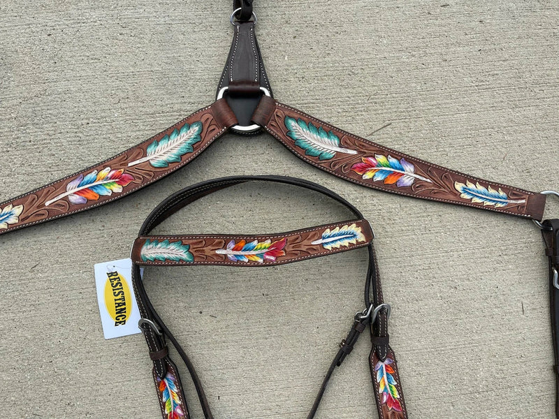 Premium Quality Western Headstall and Breast Collar Set, Leather Horse Tack Set With Silver Conchos And Beads