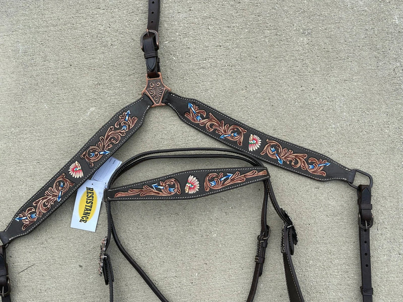 Premium Quality Western Headstall and Breast Collar Set, Leather Horse Tack Set With Silver Conchos And Beads