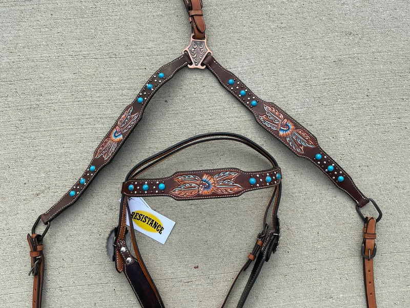 Premium Quality Western Headstall and Breast Collar Set, Leather Horse Tack Set With Silver Conchos And Beads