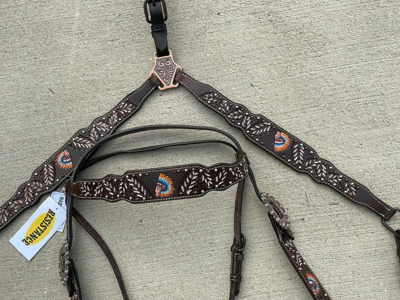 Premium Quality Western Headstall and Breast Collar Set, Leather Horse Tack Set With Silver Conchos And Beads