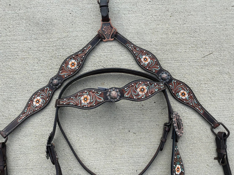 Premium Quality Western Headstall and Breast Collar Set, Leather Horse Tack Set With Silver Conchos And Beads