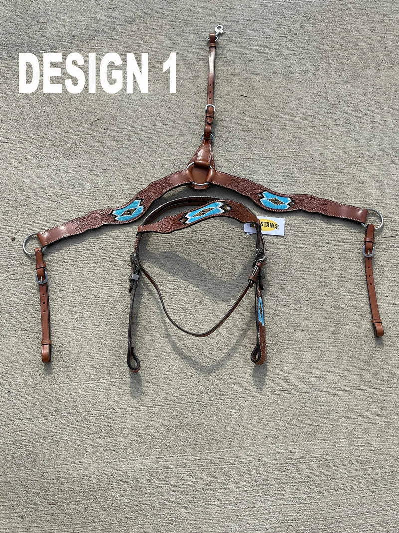 Premium Quality Western Headstall and Breast Collar Set, Leather Horse Tack Set With Silver Conchos And Beads