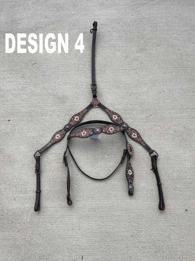 Premium Quality Western Headstall and Breast Collar Set, Leather Horse Tack Set With Silver Conchos And Beads