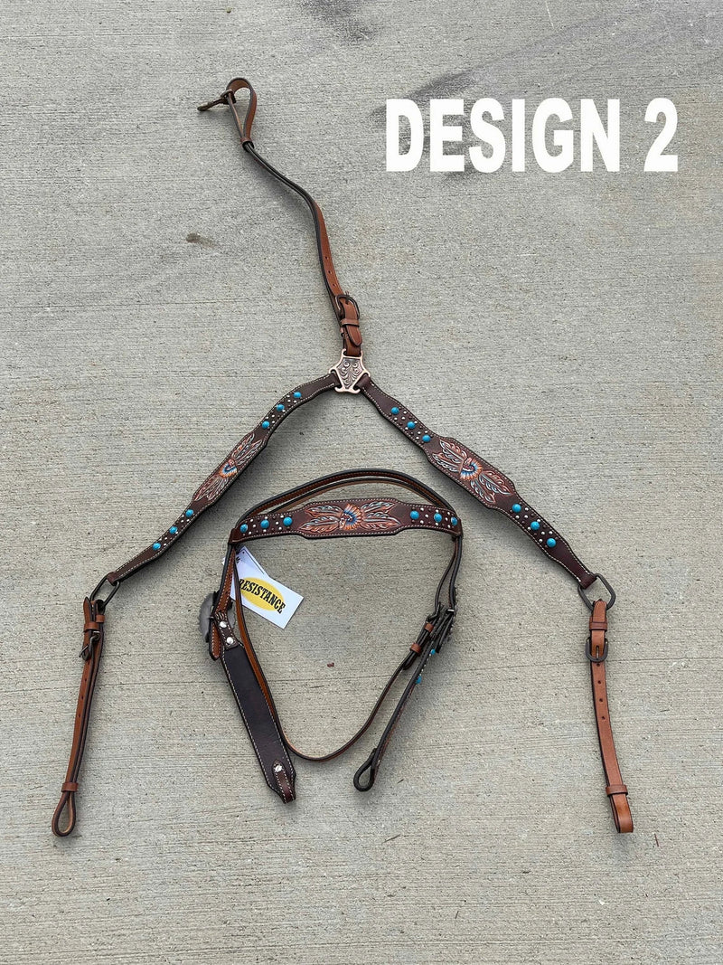 Premium Quality Western Headstall and Breast Collar Set, Leather Horse Tack Set With Silver Conchos And Beads