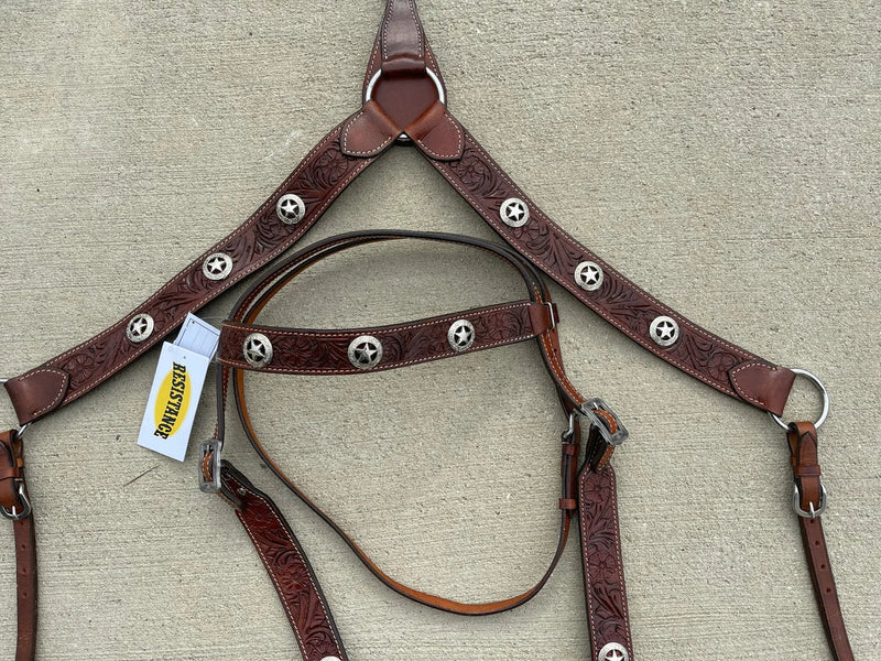 Premium Quality Western Headstall and Breast Collar Set, Leather Horse Tack Set With Silver Conchos And Beads