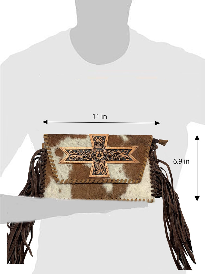 Western Purse with Crosses- Cowhide Satchel Bag With Fringe Floral Tooled Natural Brown and White Color