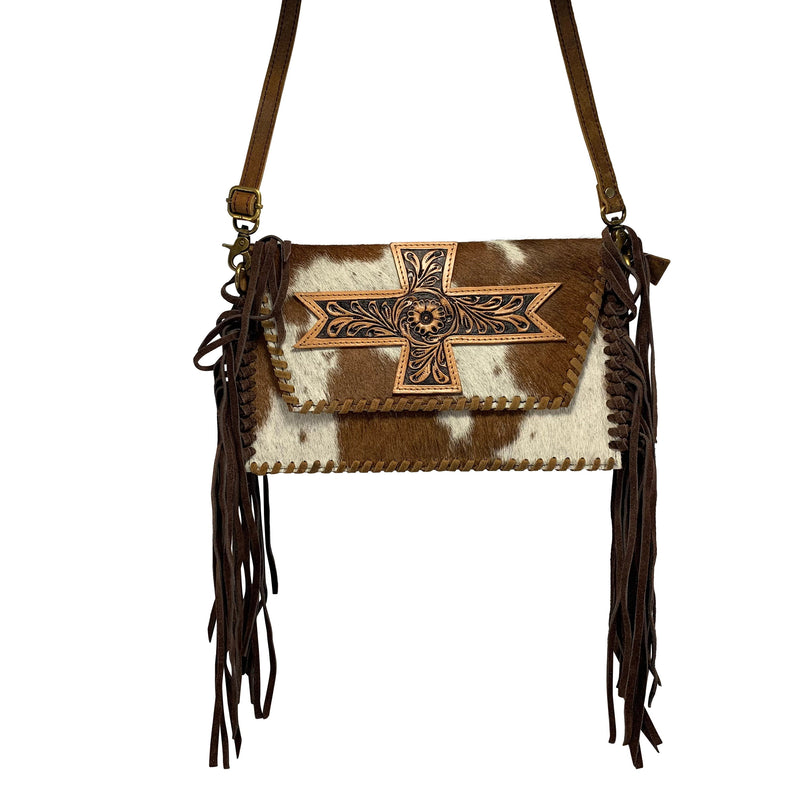 Western Purse with Crosses- Cowhide Satchel Bag With Fringe Floral Tooled Natural Brown and White Color