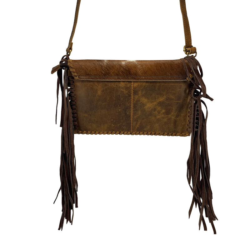 Western Purse with Crosses- Cowhide Satchel Bag With Fringe Floral Tooled Natural Brown and White Color