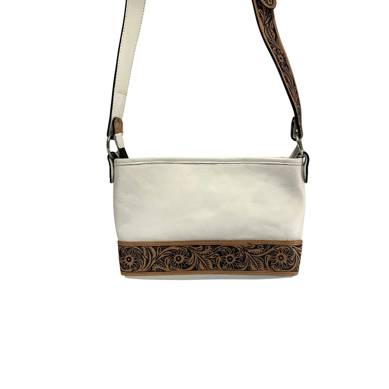 Western Tote Bag- Floral Tooled Cowhide Satchel Natural White Color