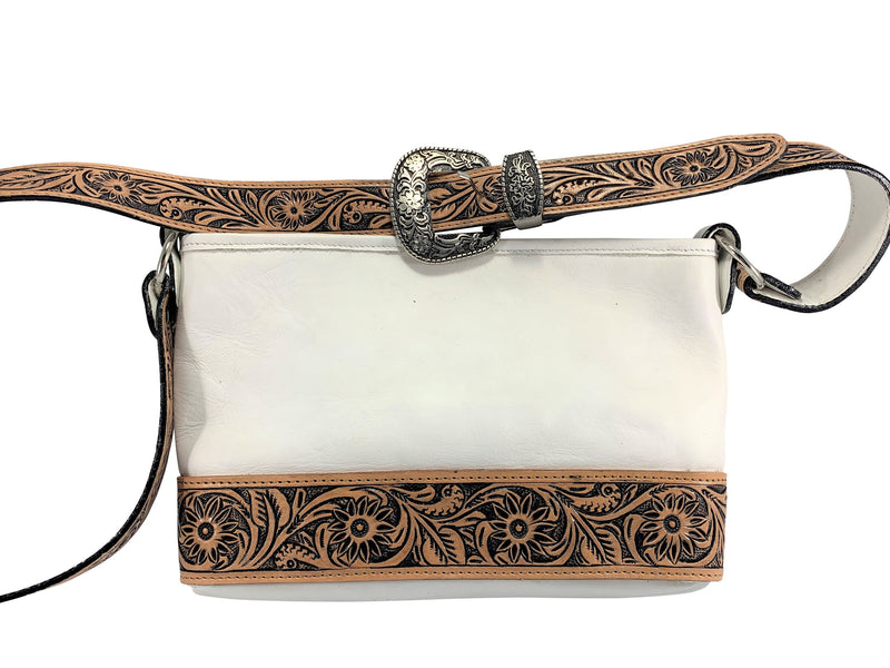 Western Tote Bag- Floral Tooled Cowhide Satchel Natural White Color