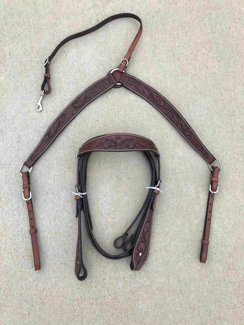 Headstall and Breast Collar Set with Reins and Middle Cinch - Argentinian Leather