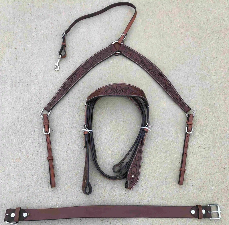 Headstall and Breast Collar Set with Reins and Middle Cinch - Argentinian Leather